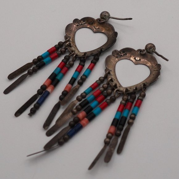 Sterling Silver Heart Feather Turquoise Coral Bead Earrings by QT - Picture 7 of 8